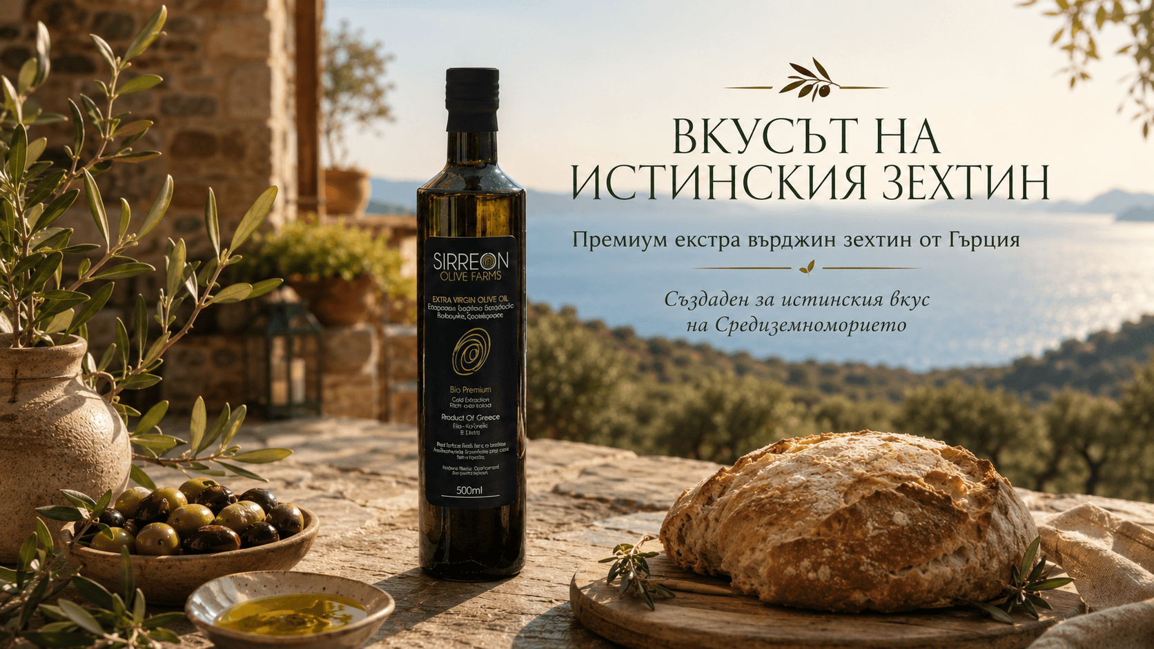 Зехтин Sirreon на трапеза с маслини и хляб