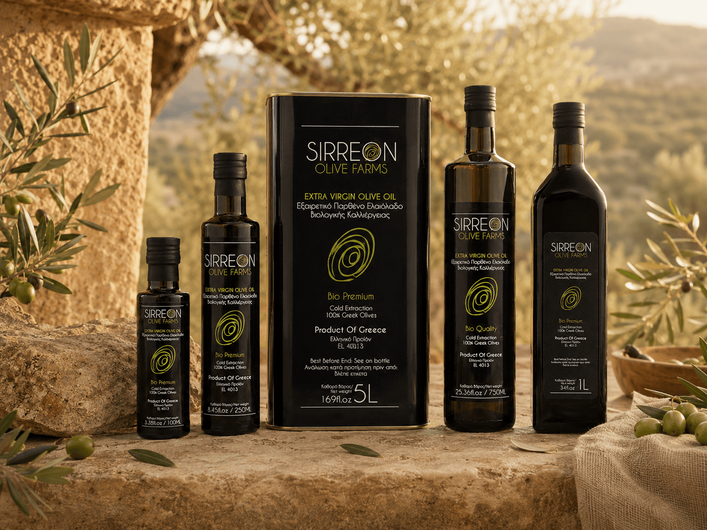 Sirreon Olive Farms - линия от бутилки и 5 L тенекия на камък с маслинови клонки и маслинова гора на заден план.