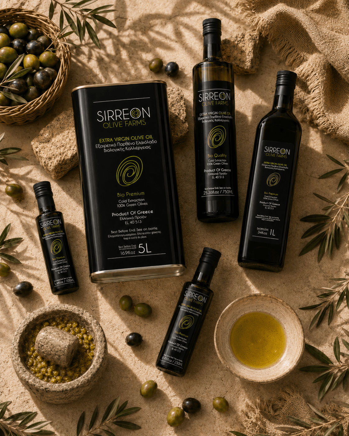 Sirreon Olive Farms - линия от бутилки и 5 L тенекия с маслини, клонки и зехтин.