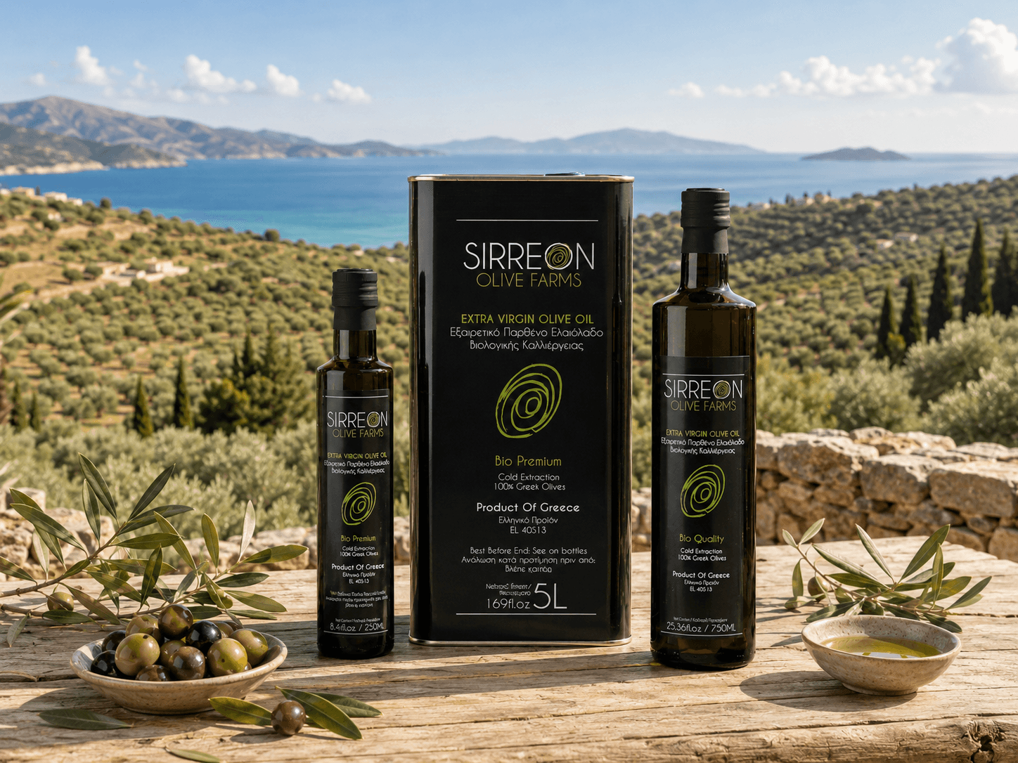 Sirreon Olive Farms - бутилки на маслинова маса с изглед към море и насаждения.
