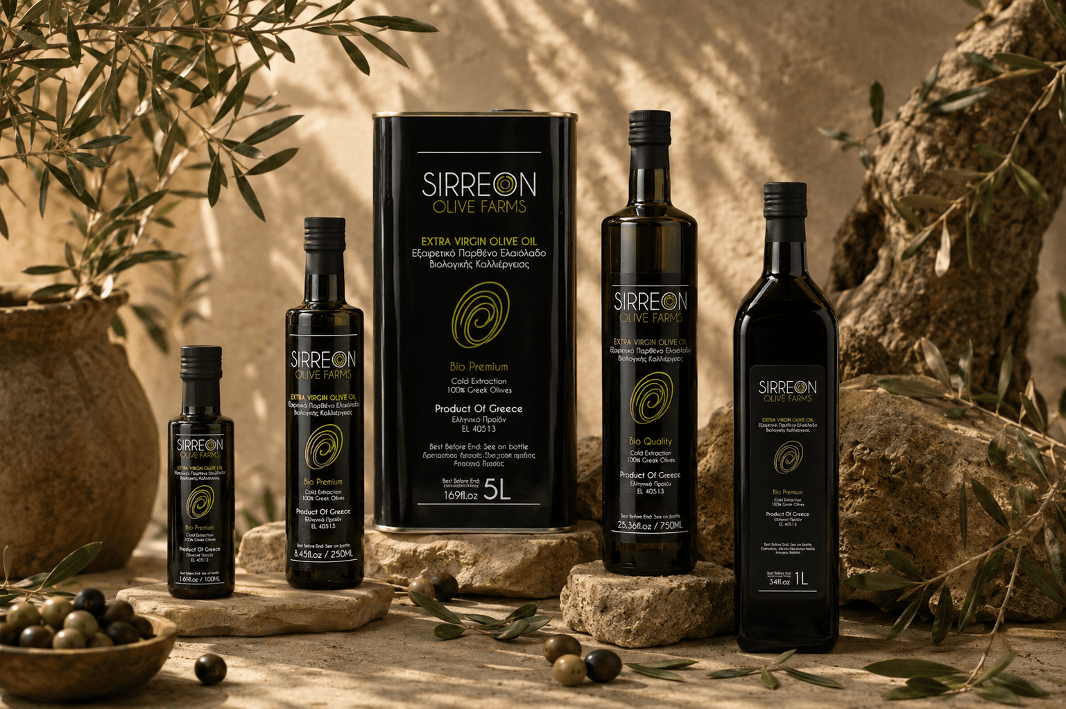 Sirreon Olive Farms - линия от бутилки и 5 L тенекия на камък с маслини и маслиново дърво.